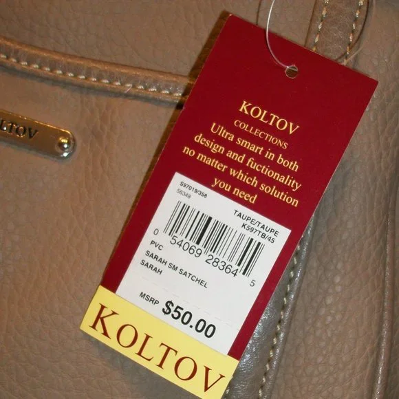 KOLTOV "Sarah" Taupe Faux Leather Satchel NWT 9.5"L x 7"H x 3"D Crossbody Strap - Picture 5 of 14